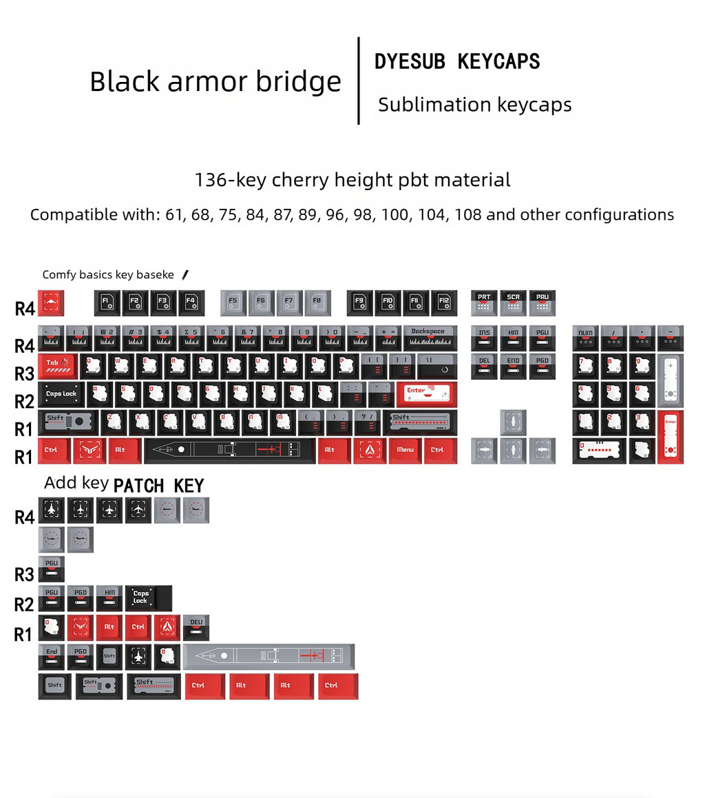 Black Armor Bridge 136 PBT Keycaps โปรไฟล์เชอร์รี่, Dye-Sub 6.25u ...