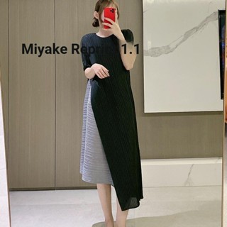 Miyake ชุดเดรสกระโปรงพลีท ความยาวปานกลาง สีตัดกัน แฟชั่นฤดูใบไม้ผลิ และฤดูร้อน สําหรับสตรี 2023