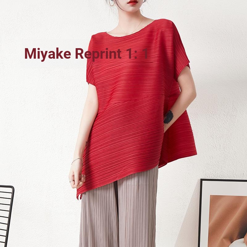 miyake-เสื้อยืดคอกลม-แขนสั้น-จับจีบ-ทรงอสมมาตร-ทรงหลวม-ขนาดใหญ่-แฟชั่นฤดูร้อน-สําหรับผู้หญิง