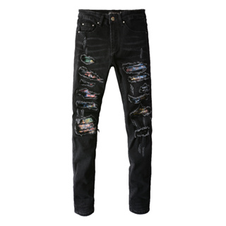 AMIRI กางเกงยีนส์ผู้ชาย ทรงสลิมฟิต พิมพ์ลาย Cracked Jeans Haute Couture #streettrenddenim