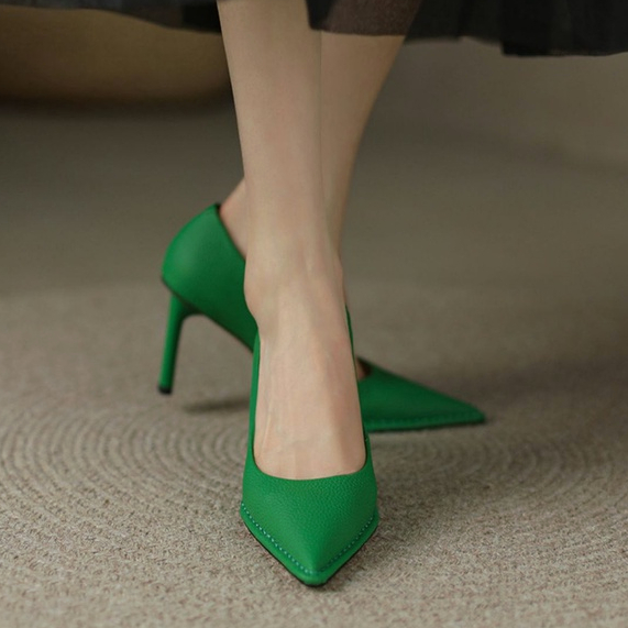 รองเท้าส้นสูง-ส้นหนา-หัวแหลม-ปากตื้น-สีเขียว-แฟชั่นฤดูร้อน-สไตล์ฝรั่งเศส-สําหรับผู้หญิง