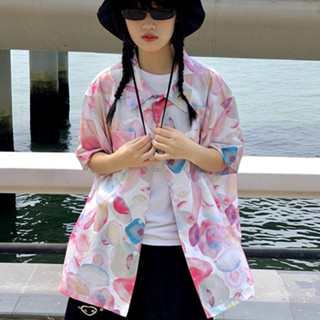 เสื้อเชิ้ตแขนสั้นลําลอง ทรงหลวม พิมพ์ลายพีช สีชมพู แบบเรียบง่าย แฟชั่นฤดูร้อน สําหรับผู้หญิง