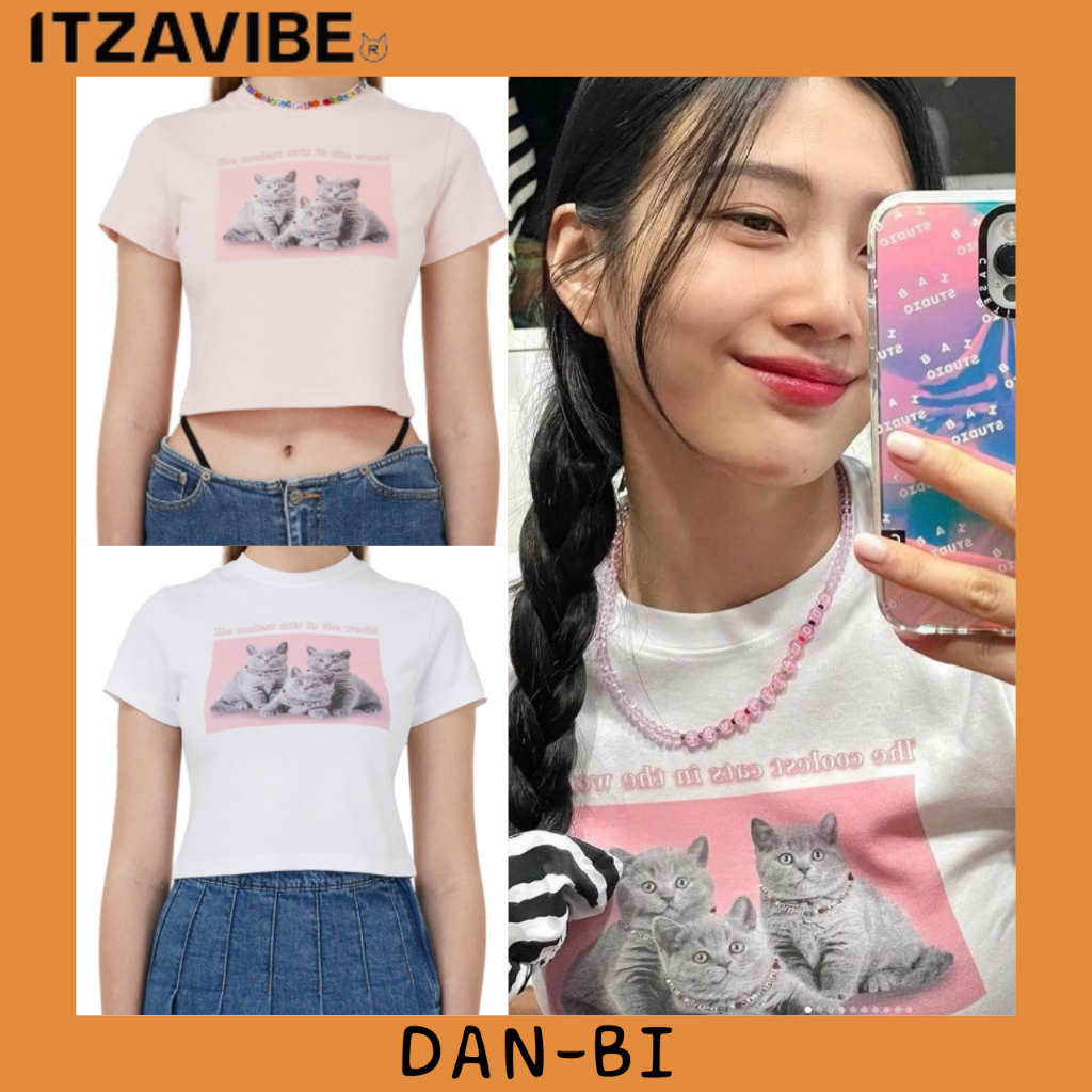 itzavibe-เสื้อยืดครอป-ลายแมวสามตัว-สีขาว-สีชมพู-xs-s-blackpink-lisa-redvelvet-joy-สไตล์เกาหลี-เสื้อผ้าผู้หญิง
