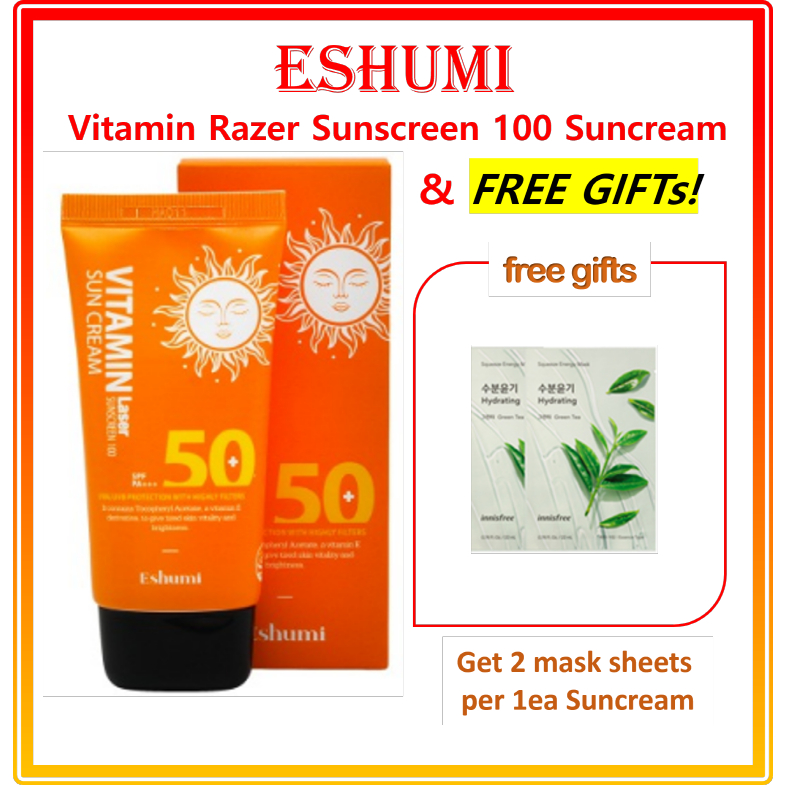 eshumi-vitamin-razer-ครีมกันแดด-100-ชิ้น-ฟรีของขวัญ-10-เซรั่มเมล็ด-innisfree-15-มล-eshumi-vitamin-razer-sunscreen-100-suncream