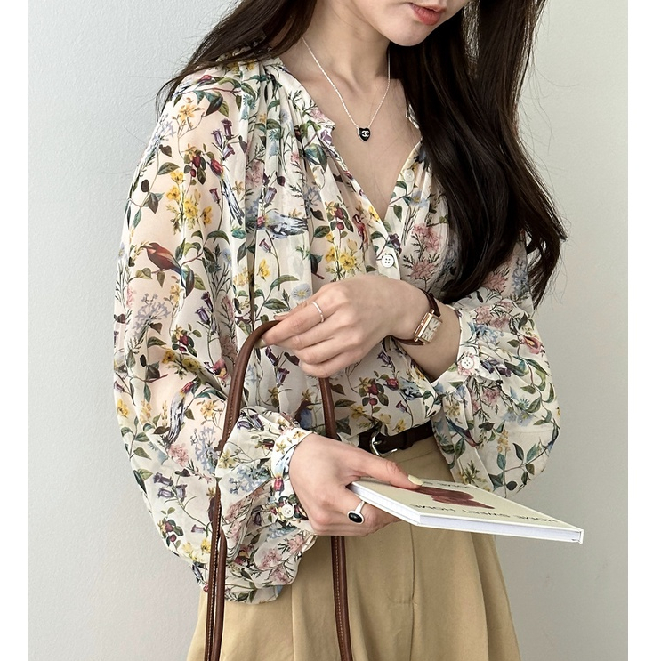 เสื้อแขนยาว-ผ้าชีฟอง-ลายดอกไม้-ทรงหลวม-สไตล์เกาหลี-สําหรับผู้หญิง