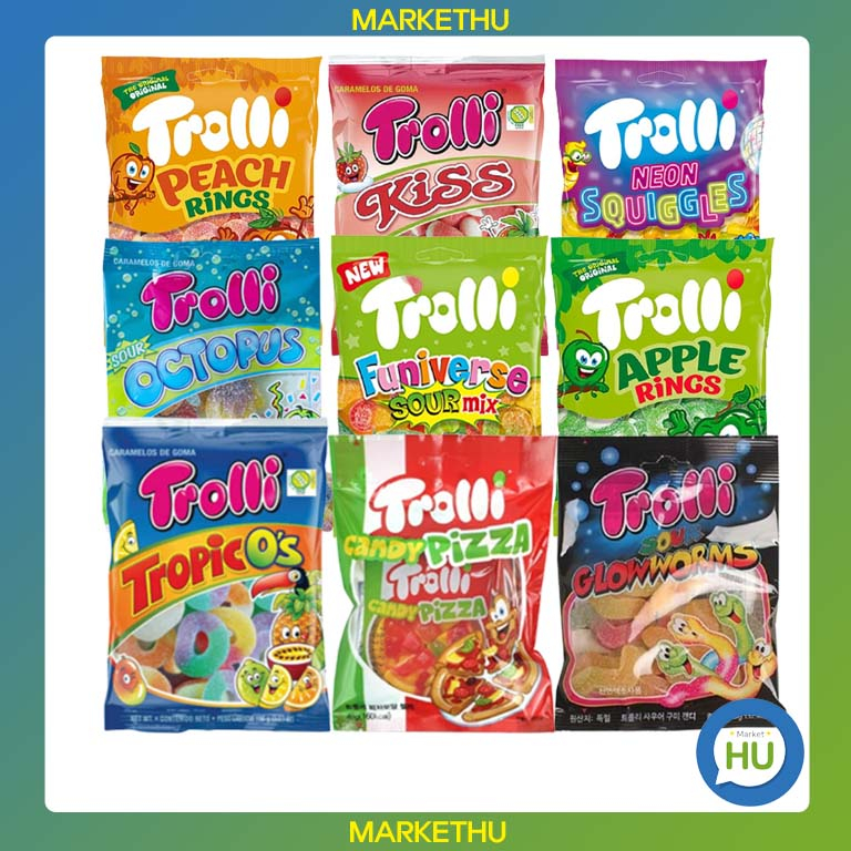 Trolli Jelly 9 ซีรีส์ยอดนิยม 100 กรัม (ยกเว้นพิซซ่าเจลลี่ 48 กรัม) หนอนเปรี้ยว นีออน กระดิก สนุก
