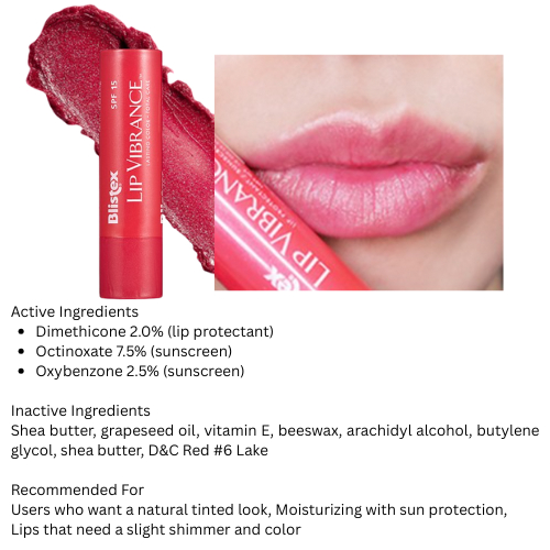 Tinted Lip Balm SPF 15 Blistex Lip Vibrance  Moisturizing Shimmer Lip Care,  3.69g Tube, New, Sheer Color & Sun Protection For All Skin Types Lip Tinted  Balm