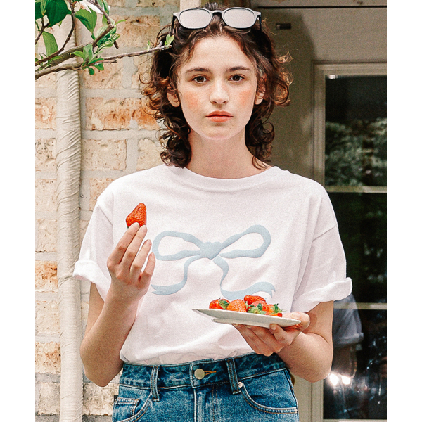 RONRON★人気★EMBO HEART RIBBON BASIC FIT T SHIRT WHITE RED RONRON EMBO HEART RIBBON BASIC FIT LONG SLEEVE WHITE