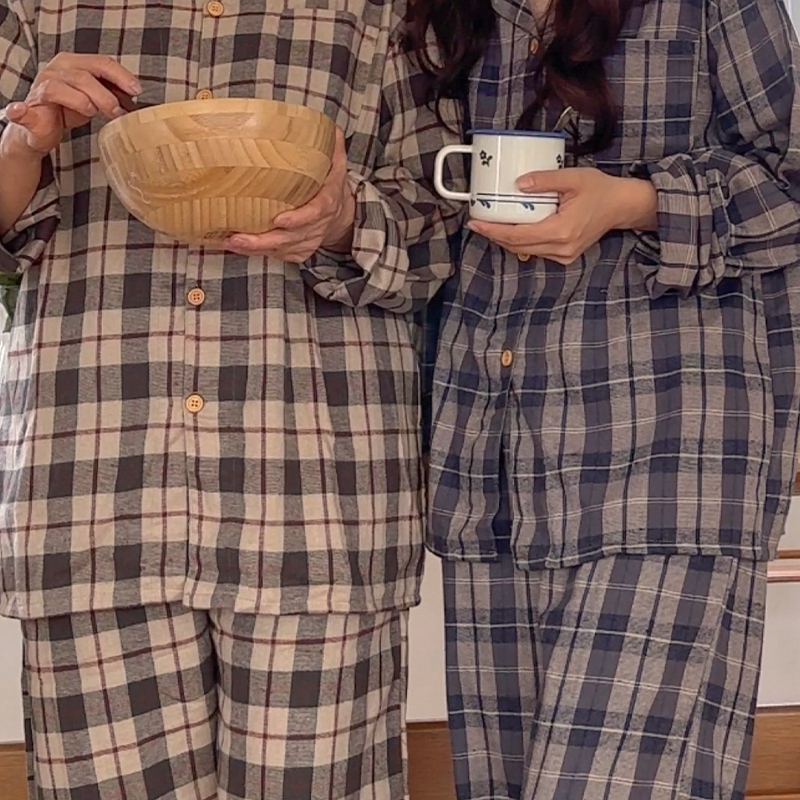 Happydayชุดนอน Priene Peach Napping Cotton Check Pyjamas Couple Long ...