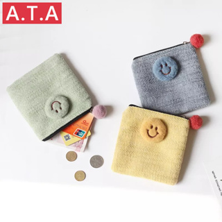 A.t.a กระเป๋าสตางค์ กระเป๋าใส่เหรียญ บัตร ผ้ากํามะหยี่ขนนิ่ม ลายหน้ายิ้มน่ารัก ขนาดเล็ก แฟชั่นฤดูใบไม้ร่วง และฤดูหนาว สําหรับผู้หญิง