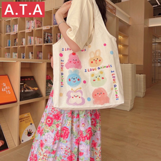 A.t.a กระเป๋าสะพายไหล่ กระเป๋านักเรียน ผ้าแคนวาส พิมพ์ลายน่ารัก แบบพกพา สีสันสดใส สไตล์เกาหลี เหมาะกับฤดูใบไม้ผลิ และฤดูร้อน สําหรับผู้หญิง