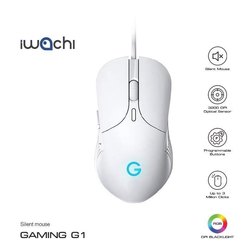 IWACHI เมาส์ G1 สำหรับเกมมิ่ง มีสาย ปุ่มกดไร้เสียง ปรับ DPI ได้ 800/1600/2400/3200 มีให้เลือกสีดำและสีขาว
