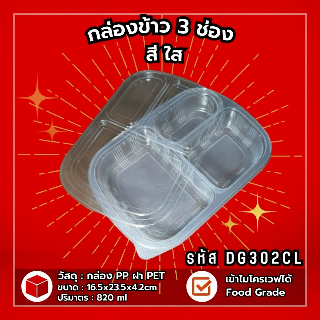 3-Compartment Plastic Food Container with Clear Lid, Microwave Safe, 200 Pieces