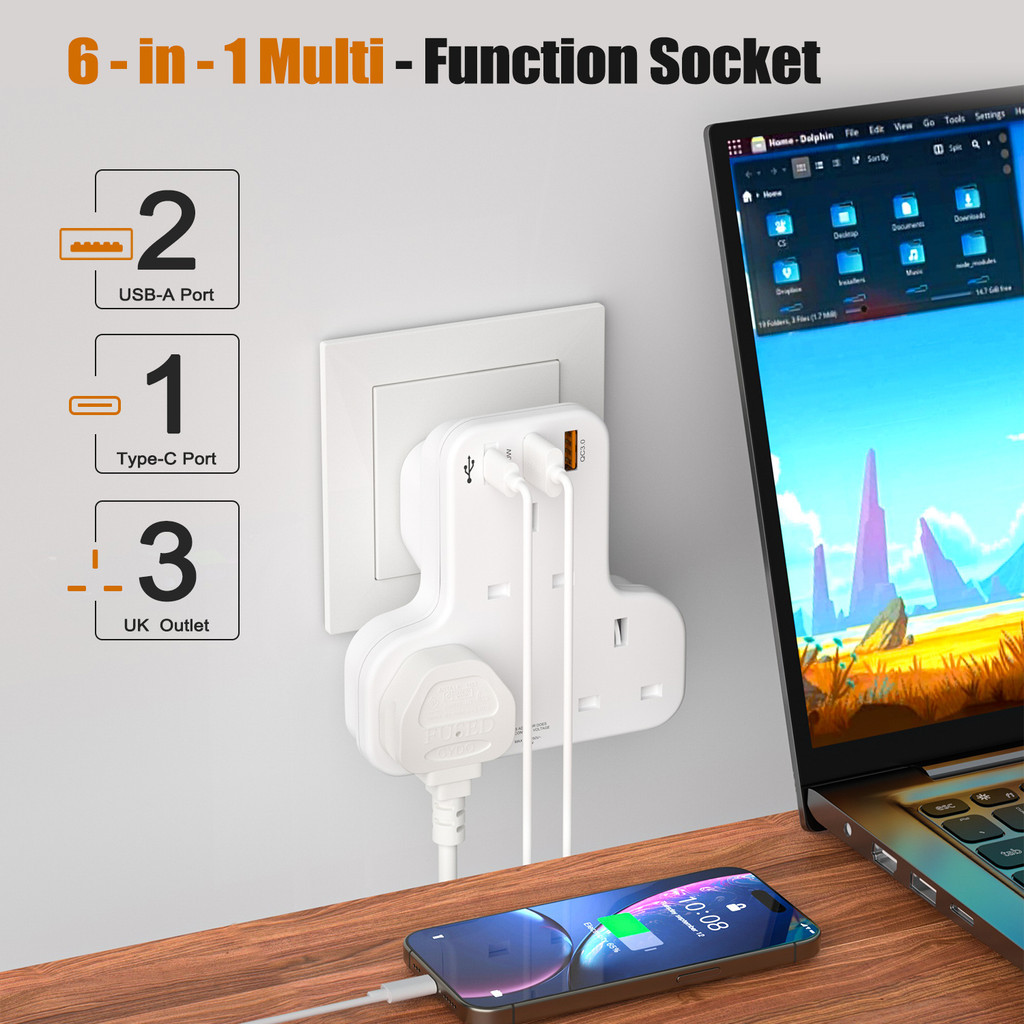Uk Multi Plug อะแดปเตอร์ซ็อกเก็ตผนัง 3 AC Outlet 3 USB Cherger ...