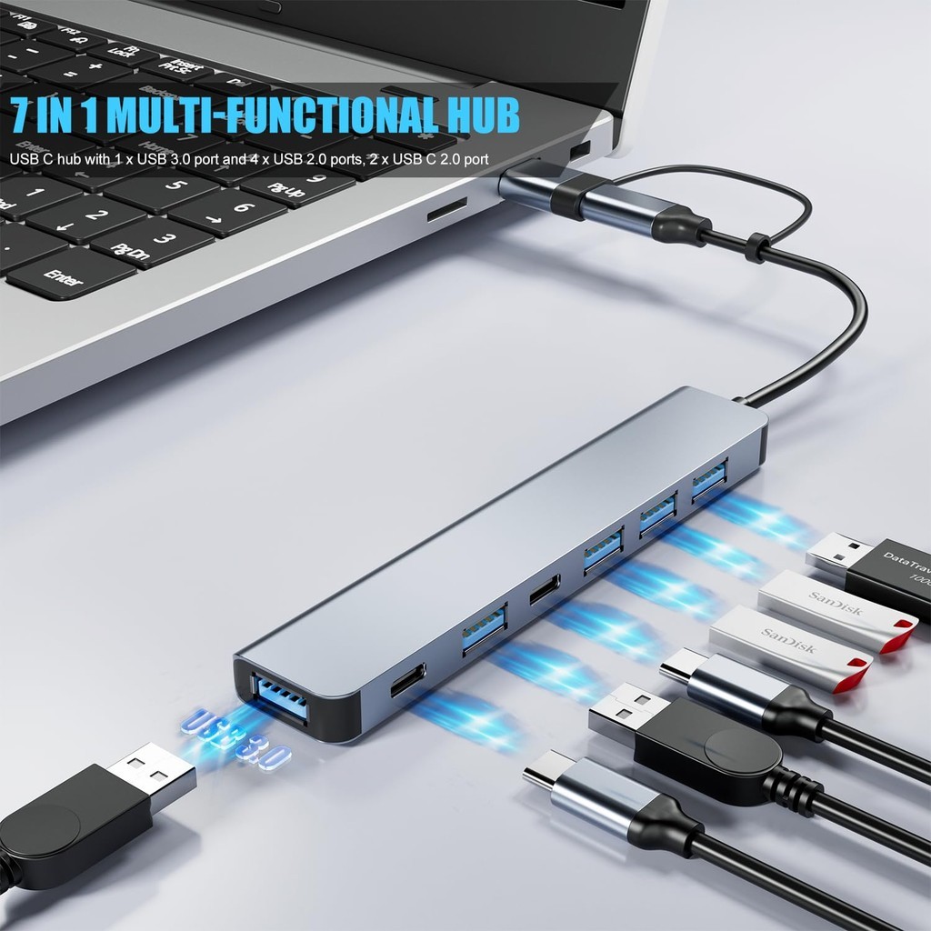 7 in 1 USB C และ USB Hub พร้อม USB 3.0, พอร์ต USB 2.0, เหมาะสําหรับ PC ...