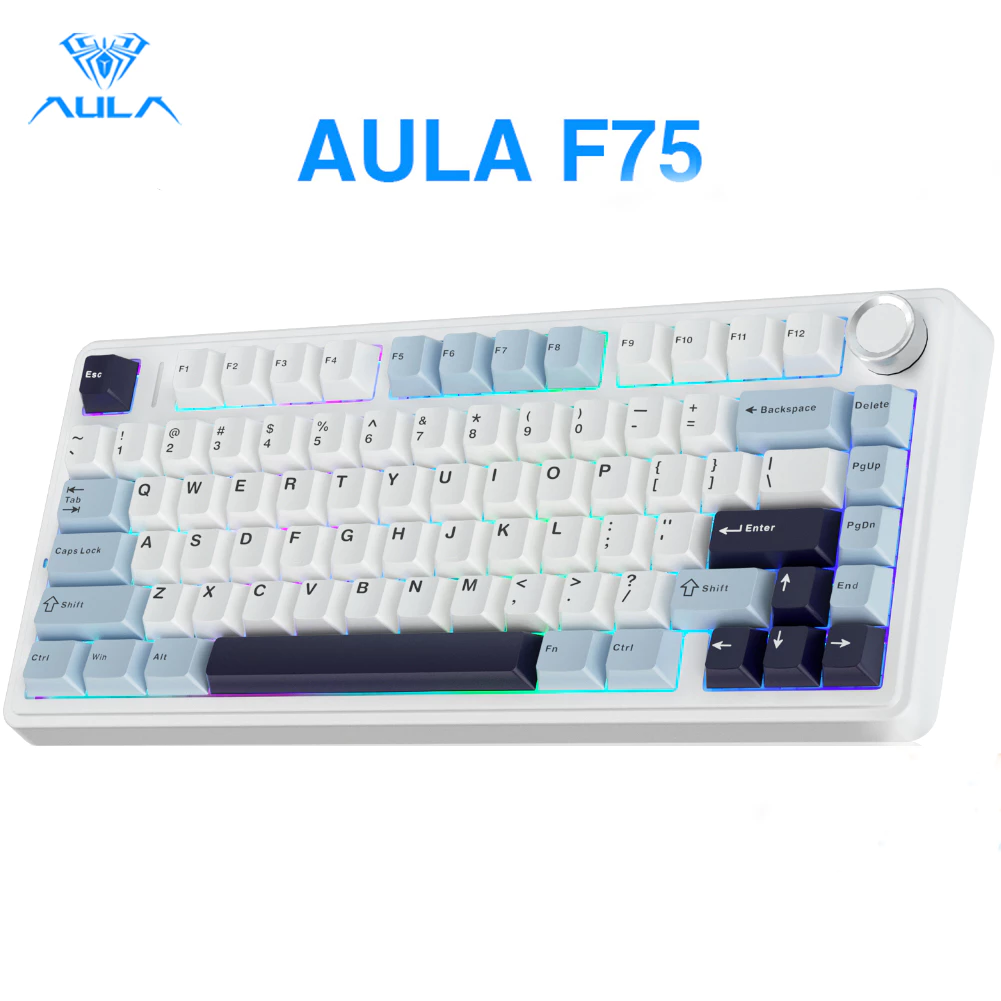 AULA F75 คีย์บอร์ดเชิงกลไร้สาย 75%, คีย์บอร์ดครีมแบบถอดเปลี่ยนได้แบบร้อน, สวิตช์รีปเปอร์แบบไม่ต้องล้าง, 2.4GHz/Type-C/BT5.0