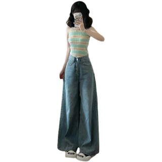 DaDuHey Korean Style Women New Retro Wash Blue Wide Leg Jeans Design Loose Plus Size Wide Leg Loose Casual Mopping Pants