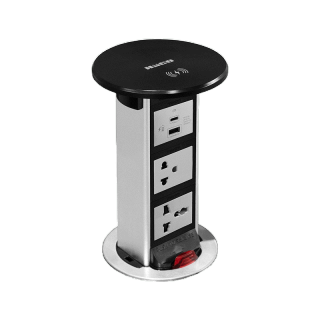 HACO เต้ารับฝังโต๊ะ แนวตั้ง พร้อมแท่นชาร์จไร้สาย และ เต้ารับ USB 1ช่อง เต้ารับกราวด์เดี่ยว1ช่อง รุ่น PTB-3W-PBK/EU-USB