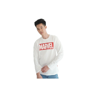 Marvel Men logo Flock Print Long Sleeve T-Shirt - เสื้อยืดมาร์เวลแขนยาวผู้ชายพิมพ์กำมะหยี่ สินค้าลิขสิทธ์แท้100% characters studio