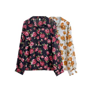 ꕥCatalog Fashionꕥ เสื้อเชิ้ตแขนยาว ผ้าชีฟองบางเบา ลายดอกกุหลาบ 2 สี แขนจั๊มมีกระดุม
