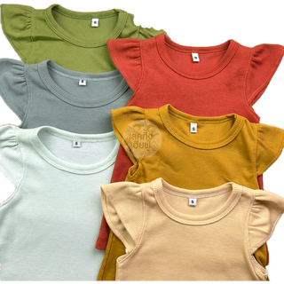 KIDS เสื้อเด็กผู้หญิง แขนระบาย Size S-XL อายุ 1-6 ปี สีพื้น ผ้าร่อง เสื้อยืดเด็ก (THH-3)