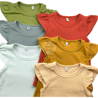 KIDS เสื้อเด็กผู้หญิง แขนระบาย Size S-XL อายุ 1-6 ปี สีพื้น ผ้าร่อง เสื้อยืดเด็ก (THH-3)