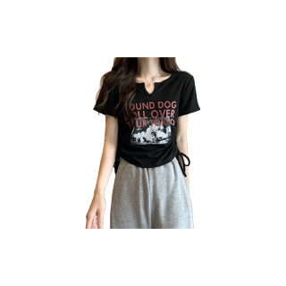(พร้อมส่ง/ใหม่)#M5501เสื้อยืดคอกลมเชือกผูกแขนสั้นผู้หญิงฤดูร้อนปี 2022 การออกแบบใหม่