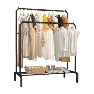 โปรโมชั่น : OKUMI_SHOP ราวตากผ้าบาร์คู่ พร้อมชั้นวางของ ราวแขวนผ้าK-302