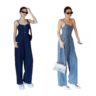 พร้อมส่งDenim jumpsuit 🩵590฿ฟรีส่ง ชุดจั้มสูทยีนส์สายเดี่ยว ด้านหลังสม๊อคยางยืด รุ่นนี้ทรงสวยดีเทลน่ารัก ผ้ายีนส์ glam