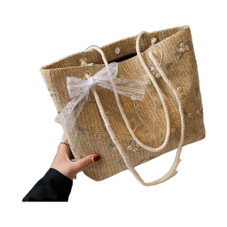 กระเป๋าผ้าสานลายลูกไม้ มีโบว์ให้งานเกรดพรีเมี่ยม กระเป๋าผ้าสะพายข้างสำหรับผู้หญิง(B070)