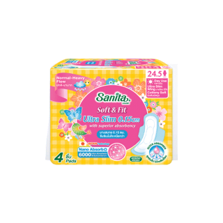 [ต้องสั่งขั้นต่ำ 5ห่อ] Sanita / แซนนิต้า ซอฟท์ แอนด์ ฟิต ผิวสัมผัสนุ่ม อัลตร้าสลิม บาง0.15ซม มีปีก ยาว24.5ซม. 4ชิ้น/ห่อ