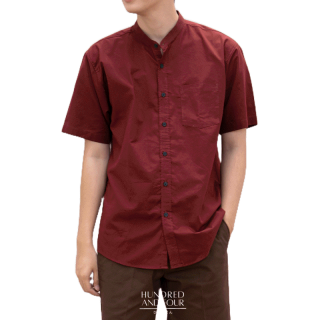M-2XL เสื้อเชิ้ตคอจีน แขนสั้น ผ้า OXFORD รุ่น BRAVE เสื้อเชิ้ตสีพื้นผู้ชาย - ทรงตรงไม่เข้ารูป