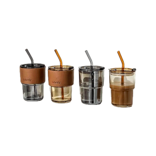 แก้วน้ำ 450ml แก้วกาแฟ สไตล์มินิมอล พร้อมหลอด ฝาปิด ปลอกซิลิโคนกันร้อน พกพาสะดวก