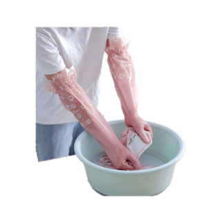 MM รุ่นใหม่! ถุงมือแม่บ้านสไตล์ญี่ปุ่น เกาหลี ลายดอกไม้ ถุงมือยาง ถุงมือยาว มียางรัด ไม่ลื่นหลุด ความยาว 50 ซม.