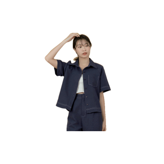 Fond - เสื้อเชิ้ต เล่นด้าย คอปก แขนสั้น กระเป๋าหน้า 
