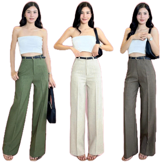 Zoe Pants กางเกงเอวสูงกระบอกใหญ่แต่งหูเข็มขัด ผ้าลาย