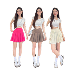 SpinnyHouseกระโปรงเทนนิสเอวสูง สม็อคหลังยืดได้ ผ้าด๊อบบี้หนาไม่โป๊  สั้นเหนือเข่า ปต่งจีบ skrit รุ่น กระโปรงเทนนิส