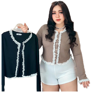 Plus size เสื้อคลุม แขนยาวแต่งลูกไม้สาวอวบ ชุดแฟชั่นผู้หญิงอ้วน สไตล์ มินิมอล ใส่ไปคาเฟ่ รุ่น ส.ไหมพรมร่องวินเต้(A14)