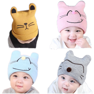 (D-003) หมวกไหมพรมเด็ก หมวกผ้าเด็กน้อยน่ารัก หมวกมีหู หมวกหูแมว สีสดใส มี 5 สี เลือกสีได้