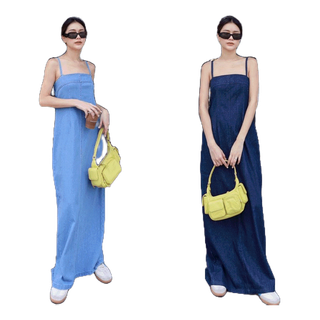 พร้อมส่งDENIM MAXI DRESS 🩵(550฿ฟรีส่ง) ชุดเดรสสายเดี่ยวยีนส์ ตัวเดรสทรงตรง ผ่าหลัง เนื้อผ้ายีนส์แท้ไม่ยืด ไม่แข็ง glam