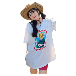 เสื้อยืดลายการ์ตูนผู้หญิงน่ารักๆ Oversize เสื้อผ้าวินเทจ สีครีม สไตล์เกาหลี โอเวอร์ไซต์สกรีนลายเท่ คอกลมแขนสั้น XXL