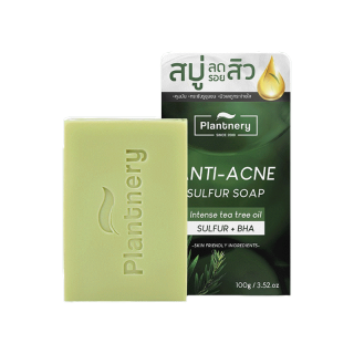 Plantnery Tea Tree Sulfur Anti-Acne Soap Bar 100 g สบู่ลดสิว ทีทรีออยล์ และ ซัลเฟอร์ สำหรับผิวหน้า ผิวกาย