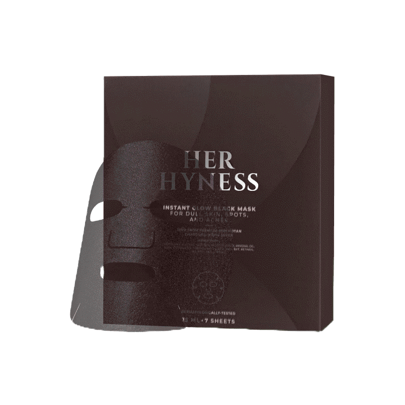 HER HYNESS INSTANT GLOW BLACK MASK (7 SHEETS) เฮอ ไฮเนส แบล็คมาส์ก บูสต์ผิวโกลว์ ลดรอยสิว เพื่อผิวโกลว์ใส 7 แผ่น