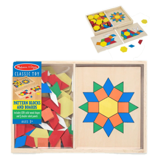 [125ชิ้น] รุ่น 29 ตัวต่อรูปทรงเรขาคณิต Melissa & Doug Pattern Blocks and Boards 125 Pcs รีวิวดีใน Amazon USA มีแผ่นแพทเทิร์น 10 แบบ กล่องไม้อย่างดีแบ่งช่องสำหรับเก็บ