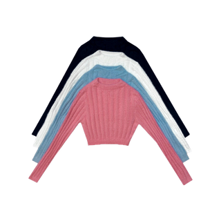 ꕥCatalog Fashionꕥ เสื้อครอปแฟชั่นขนนุ่ม แขนยาวตรง คอกลม 4 สี ใส่เข้ารูปสวย