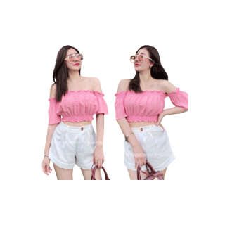 AIMORNSHOP เสื้อครอป เสื้อเปิดไหล่ ผ้าคอตตอน 🧡❤️เป็นเกาะเย็บต่อแขนทรงกระดิ่ง รุ่นนี้กำลังฮิตมากเลยนะคะ