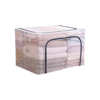 PACKONE กล่องเก็บของ 110L โปร่งใสกล่องเก็บเสื้อผ้า กันน้ำ พร้อมโครงเหล็ก 3-4 ตัวกล่องเก็บของโครงเหล็ก ถุงเก็บผ้านวม