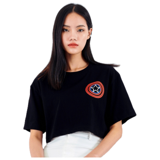 VATANA - เสื้อครอปผู้หญิงสีดำพิมพ์ลาย CAPTAIN AMERICA
