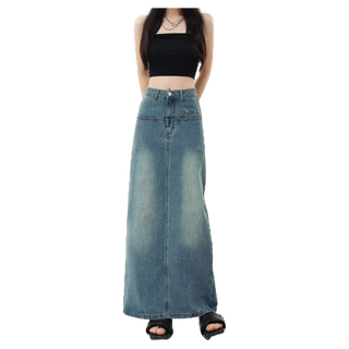 DaDuHey Korean Style Women Ins High Street High Waist Slit Denim Skirt 2023 New Autumn A- Line Sheath Long Skirt