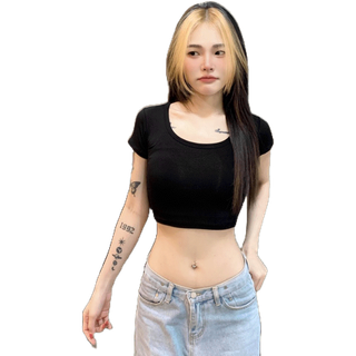 MesubShopเสื้อครอปแขนสั้น ทรงคอเหลี่ยม สาวอวบใส่ได้ 🥧เบสิคครอปสุด ผ้าเรย่อนยืดเยอะ ทรงนี้คือฮิตม้าก รุ่น นิตยา